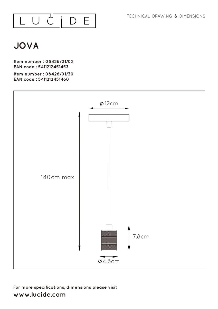 Czarna lampa wisząca Jova z pojedynczym punktem świetlnym. Kształt prostokątny, szerokość 12 cm, wysięgnik o maksymalnej długości 140 cm. Dolna część z okrągłym kloszem o średnicy 4,6 cm i wysokości 7,8 cm, z dekoracyjnym wzorem.
