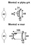 Schemat montażu oprawy schodowej Lesel LED 014. Przedstawia dwie opcje: montaż w płycie g-k z wymiarami 36 mm (szerokość), 42 mm (wysokość) oraz montaż w murze z wymiarami 100 mm (szerokość), 45 mm (wysokość).