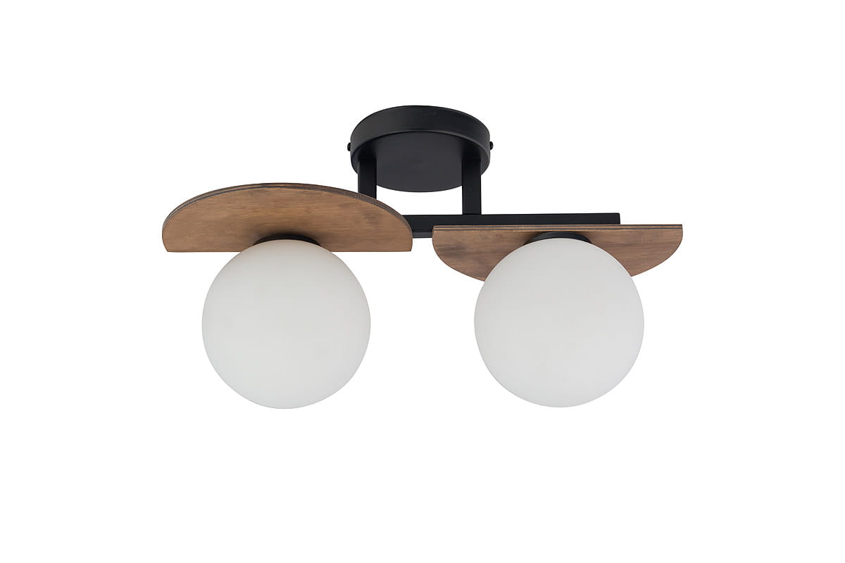 Czarna lampa sufitowa 2-punktowa Mirror z białymi, okrągłymi kloszami i drewnianymi detalami. Ujęcie frontalne, produkt zamontowany na suficie, widoczne metalowe mocowanie i elementy dekoracyjne w kształcie półkolistym.