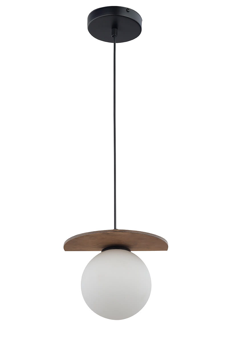Lampa wisząca 1-punktowa w kolorze czarnym z kulistym, matowym kloszem oraz drewnianą podstawą. Zamontowana na cienkim, czarnym przewodzie. Prezentowana z przodu na białym tle.