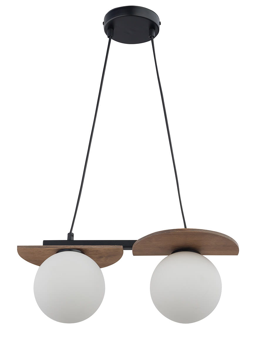 Czarna lampa wisząca Mirror z dwoma okrągłymi, matowymi kloszami w białym kolorze, zawieszona na cienkich linkach. Elementy drewniane w ciepłym odcieniu stanowią dekoracyjny akcent. Lampa ma nowoczesny design, idealna do różnych aranżacji wnętrz.