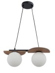 Czarna lampa wisząca Mirror z dwoma okrągłymi, matowymi kloszami w białym kolorze, zawieszona na cienkich linkach. Elementy drewniane w ciepłym odcieniu stanowią dekoracyjny akcent. Lampa ma nowoczesny design, idealna do różnych aranżacji wnętrz.