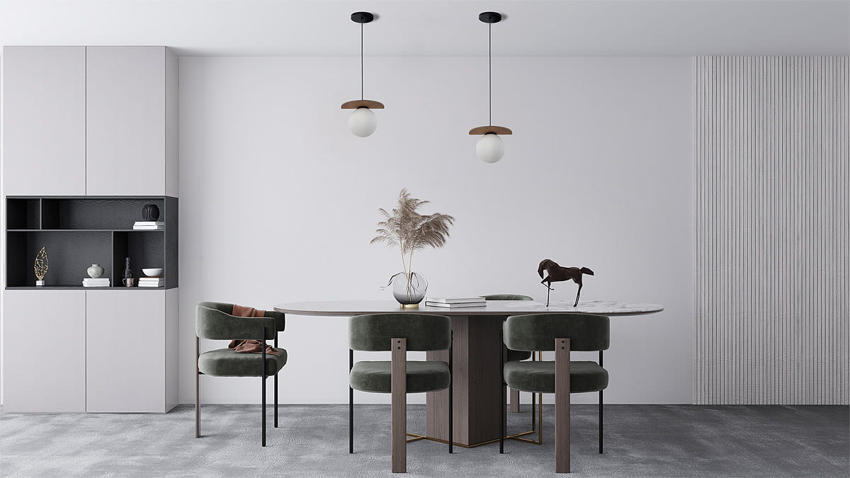 Lampa wisząca Mirror 1-punktowa w kolorze czarnym z przezroczystą kulą i drewnianym detalem, zawieszona w nowoczesnej aranżacji nad okrągłym stołem. Widoczne dwa źródła światła w przestronnym wnętrzu z szarym dywanem i zielonymi krzesłami.