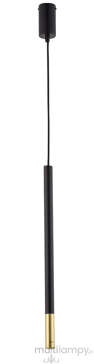 Lampa wisząca Sopel Due 1-punktowa w kolorze czarnym z metalowym złotym detalem. Prosta, cylindryczna forma, zawieszona na długim, czarnym przewodzie. Montaż sufitowy, idealna do nowoczesnych wnętrz.