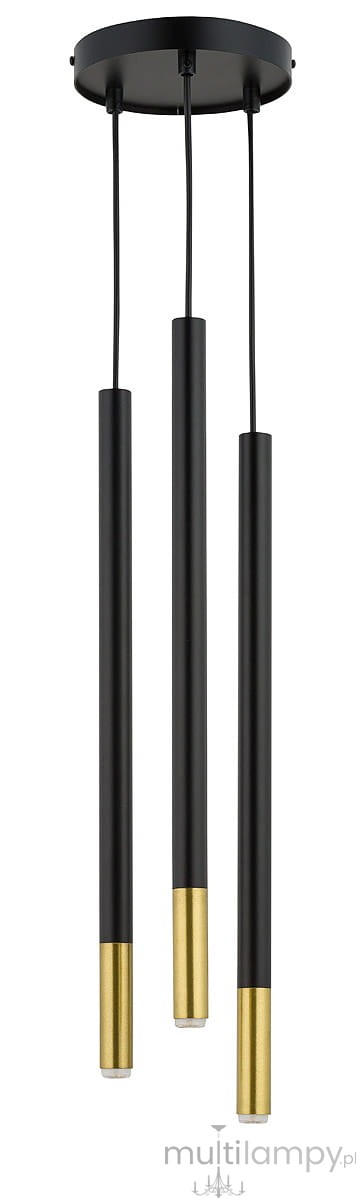 Lampa wisząca Sopel Due w kolorze czarnym i złotym, składająca się z trzech cylindrycznych punktów świetlnych, zawieszonych na cienkich linkach. Metalowa konstrukcja z matowym wykończeniem, z dolnymi częściami w kolorze złotym.