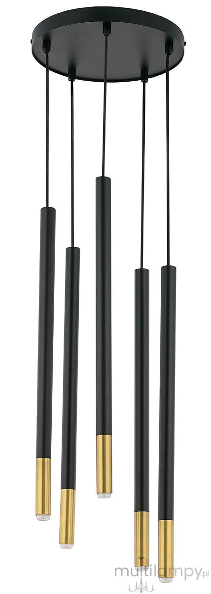 Lampa wisząca Sopel Due, 5-punktowa. Czarna konstrukcja z pięcioma długimi, cylindrycznymi kloszami, z dolną częścią w kolorze złotym. Ułożona w zwis, zawieszona na czarnych przewodach z okrągłą podstawą.