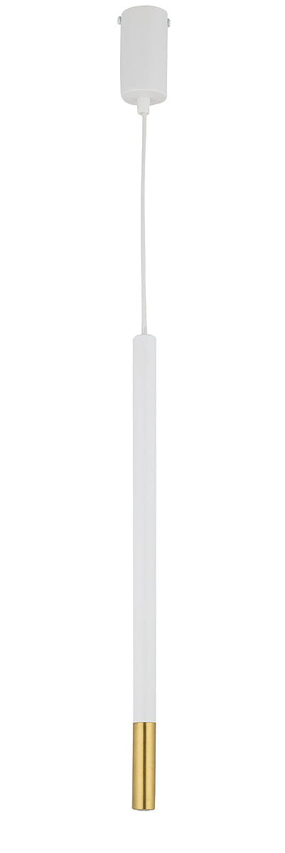 Lampa wisząca Sopel Due, 1-punktowa, o prostej, cylindrycznej białej obudowie z złotym wykończeniem na dolnej części. Produkt zawieszony na cienkim przewodzie, z górną częścią montażową w białym kolorze, na jednolitym tle.
