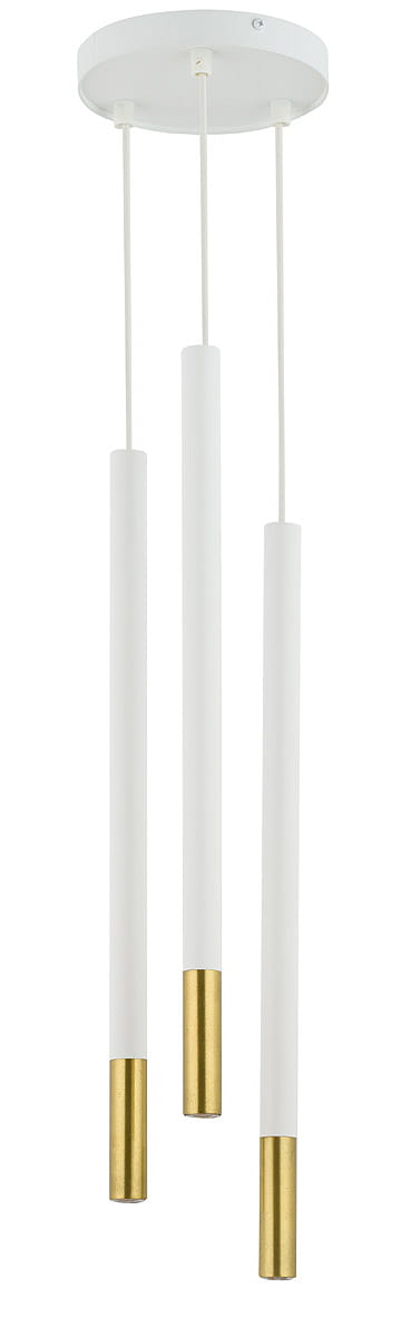 Lampa wisząca Sopel Due, 3-punktowa, z białymi rurkami i złotymi końcówkami. Montaż sufitowy, zawieszona na białych linkach. Prosty, nowoczesny design, idealna do wnętrz.