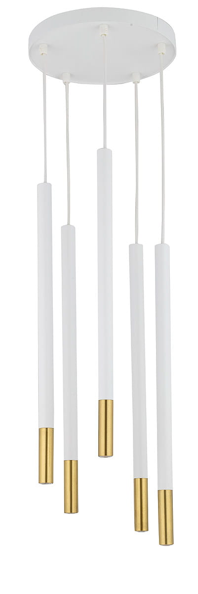Lampa wisząca Sopel Due 5-punktowa, biała z złotymi końcówkami. Posiada pięć długich, prostokątnych kloszy zamocowanych na białym suficie. Klosze są zawieszone na cienkich, białych przewodach.