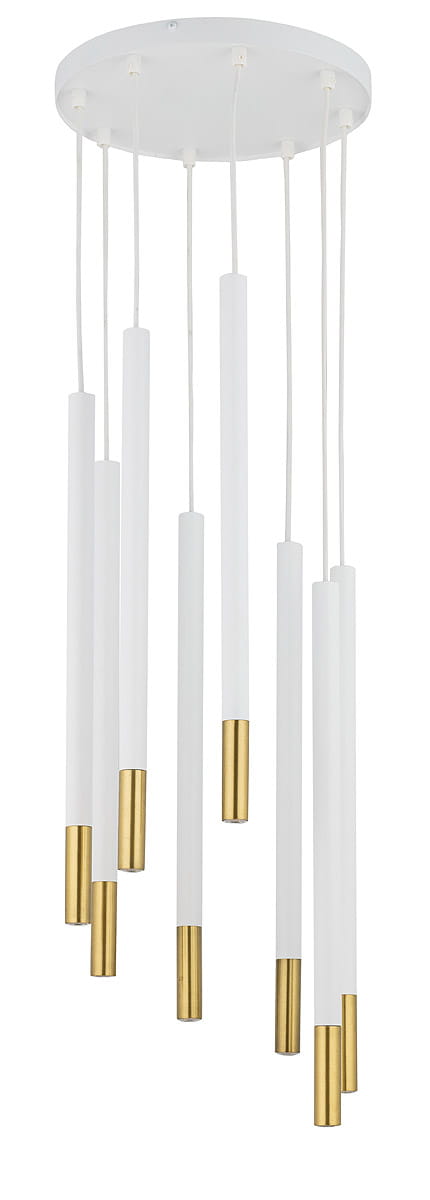 Lampa wisząca Sopel Due z ośmioma białymi rurkami zakończonymi złotymi elementami. Rurki zwisają z okrągłej, białej podsufitki. Wysoka, minimalistyczna forma idealna do nowoczesnych wnętrz.