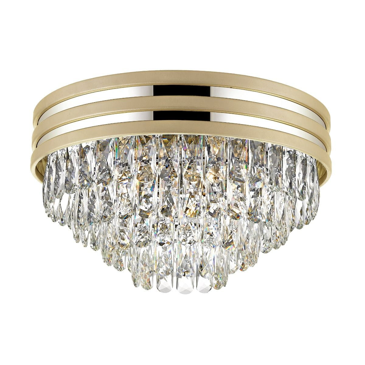Lampa sufitowa Naica 5-punktowa w kolorze złotym i chromowanym, z kryształowymi zwisami, o okrągłym kształcie. Widoczna elegancka metalowa oprawa z trzema złotymi paskami. Idealna do nowoczesnych wnętrz.