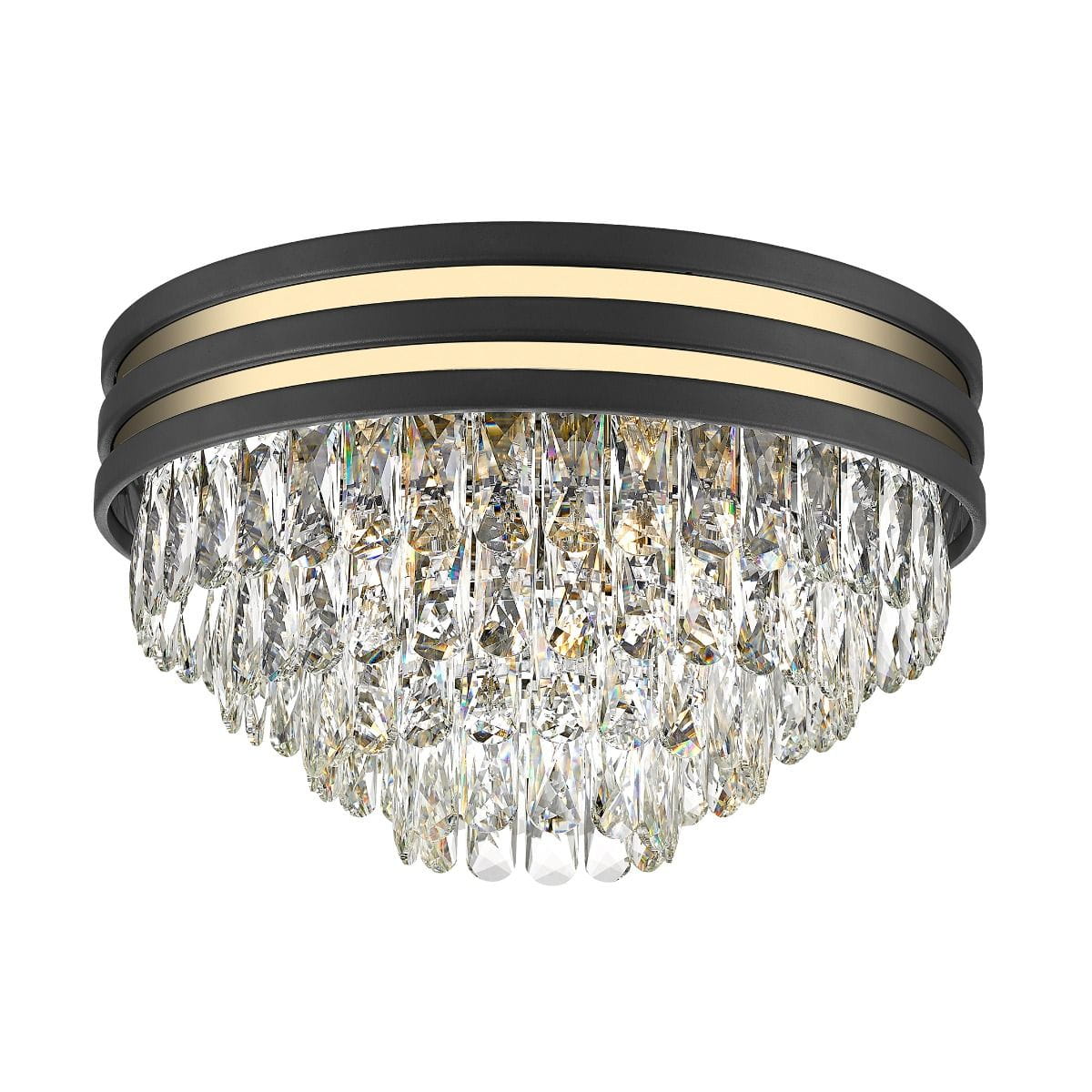 Lampa sufitowa Naica 5-punktowa w kolorze czarnym i złotym, z metalowym kloszem oraz kryształowymi zwisami. Ujęcie z góry, ukazujące detale konstrukcji i lśniące elementy. Idealna do nowoczesnych wnętrz.