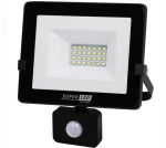 Naświetlacz LED halogen 20W z czujnikiem ruchu, w kolorze czarnym z białą soczewką, z 24 diodami LED na powierzchni. Ujęcie frontalne, produkt stojący z zamontowanym czujnikiem ruchu na dole. Ochrona IP65, przeznaczony do użytku zewnętrznego.