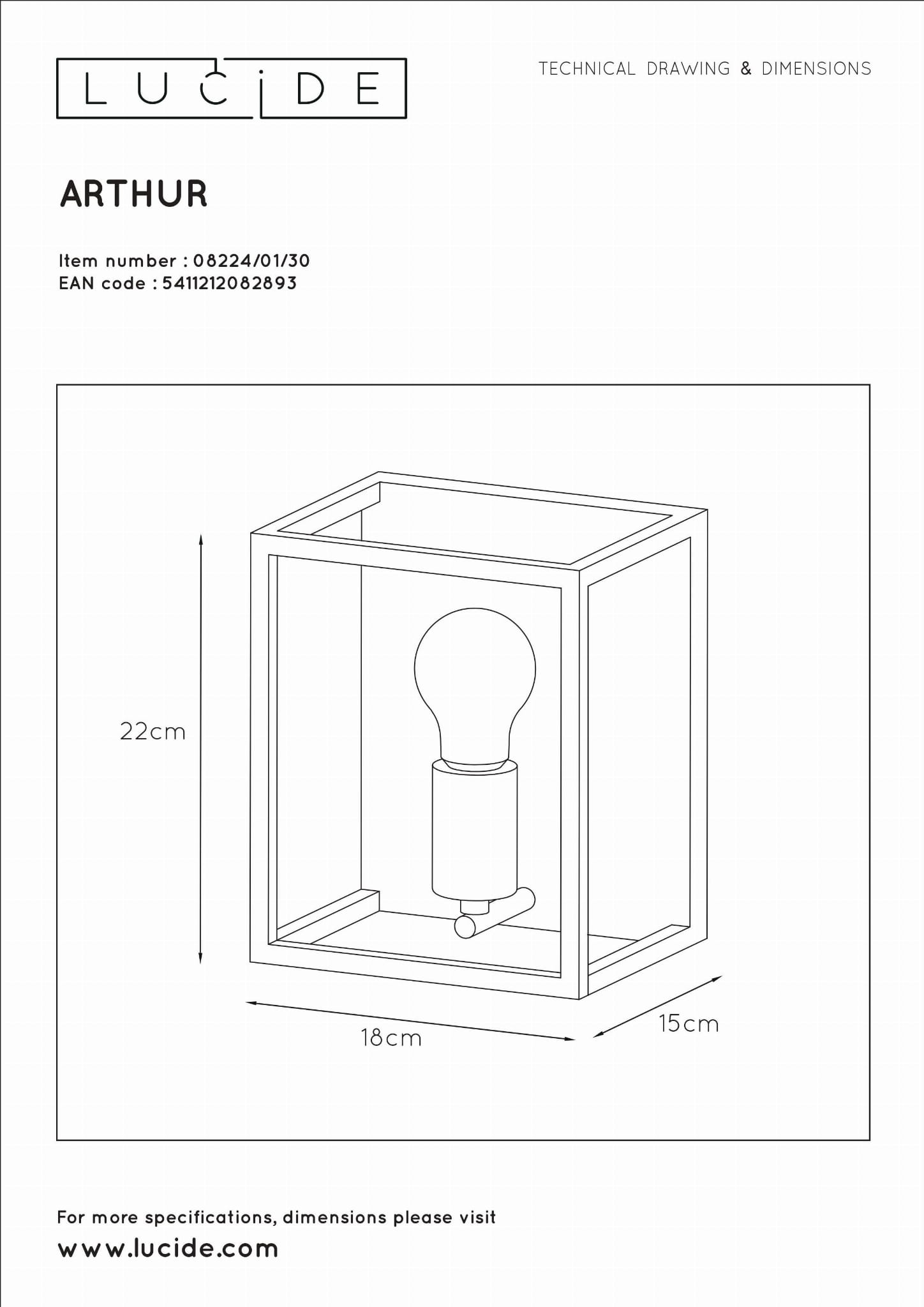Kinkiet Arthur 1-punktowy w kolorze czarnym, o wymiarach 22 cm wysokości, 18 cm szerokości i 15 cm głębokości. Prosta, kwadratowa konstrukcja z oprawą na żarówkę, widoczne detale montażowe oraz miejsce na źródło światła.