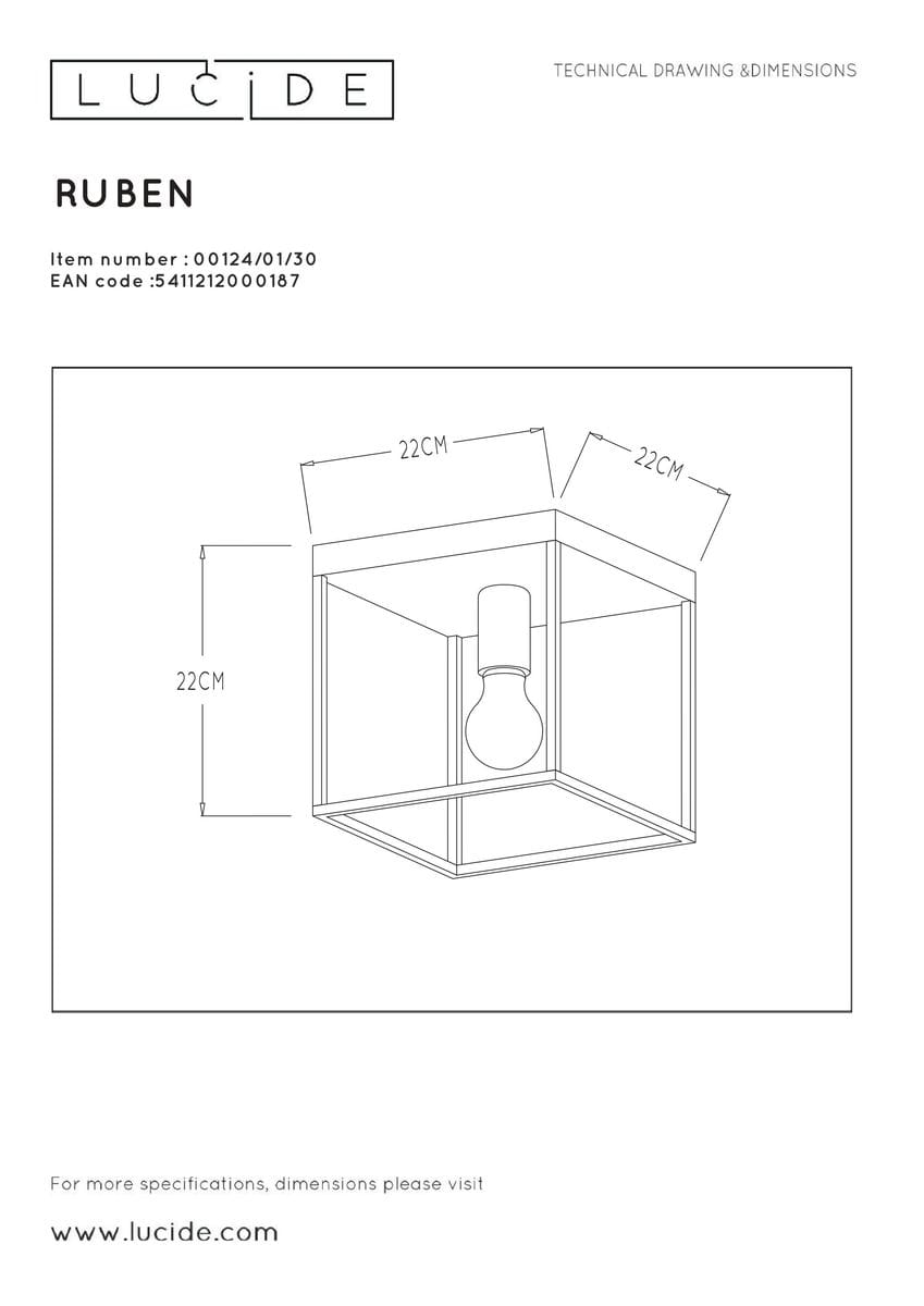 Czarna lampa sufitowa Ruben 1-punktowa o wymiarach 22 cm x 22 cm, z metalową konstrukcją w kształcie sześcianu, z miejscem na żarówkę. Widok z góry, ukazujący szczegóły designu i wymiary.
