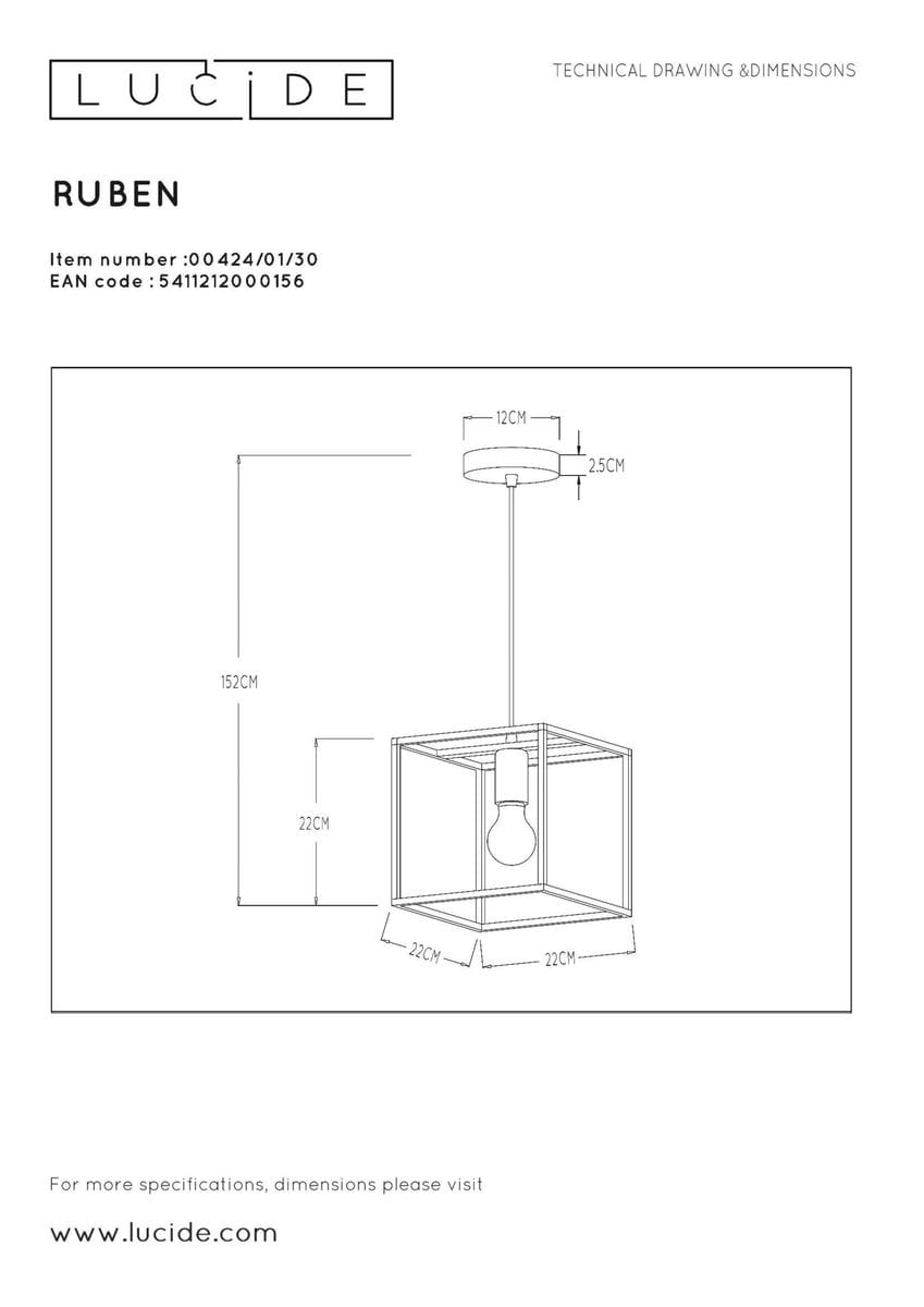 Lampa wisząca Ruben 1-punktowa w kolorze czarnym, o wymiarach 22 cm x 22 cm, zawieszona na 152 cm. Posiada kwadratową konstrukcję z metalowym stelażem i widoczną żarówką wewnątrz. Idealna do nowoczesnych wnętrz.