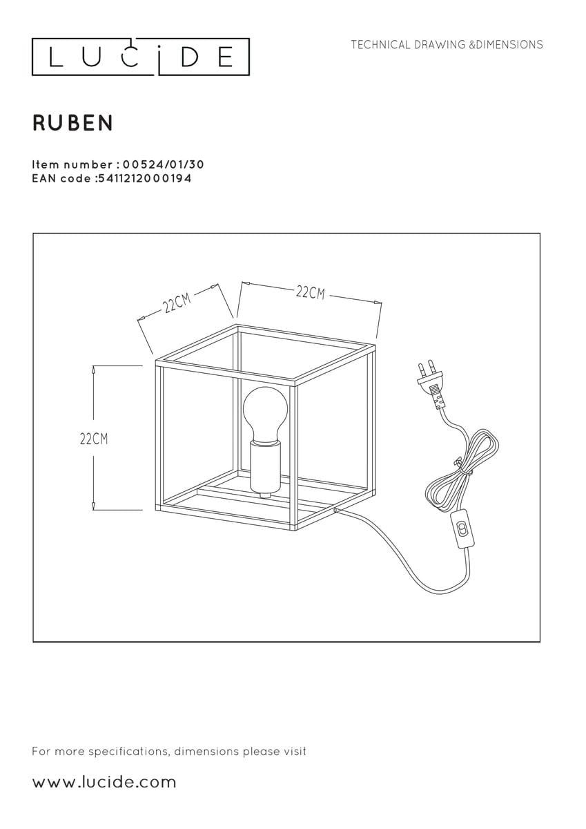 Lampa stołowa Ruben 1-punktowa, czarna, o wymiarach 22 cm x 22 cm x 22 cm, z widoczną żarówką w środku i kablem z włącznikiem. Prosta, kwadratowa forma z metalowym stelażem, odpowiednia do nowoczesnych wnętrz.