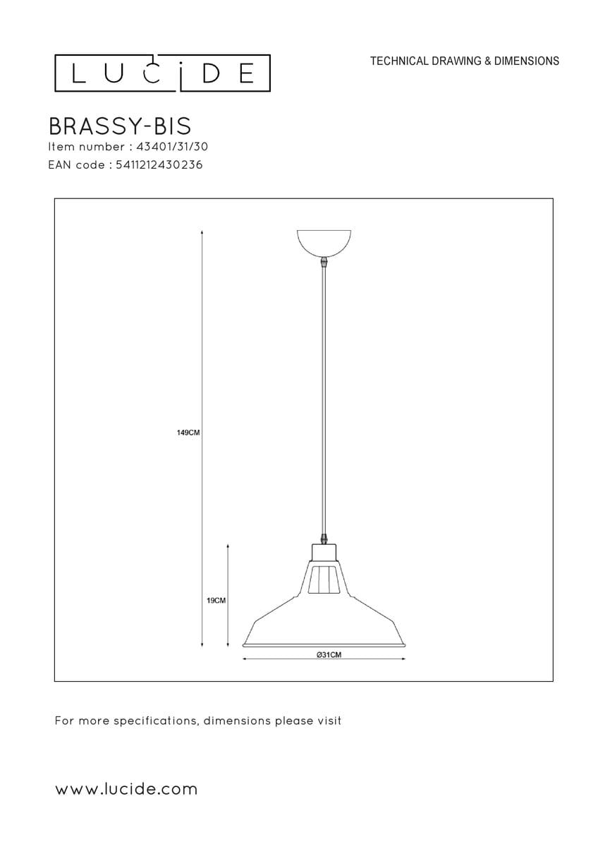 Lampa wisząca Brassy-Bis w kolorze czarnym, o średnicy 31 cm i wysokości 149 cm. Posiada prosty, cylindryczny klosz z metalowym wykończeniem. Zawieszona na długim przewodzie, idealna do nowoczesnych wnętrz.