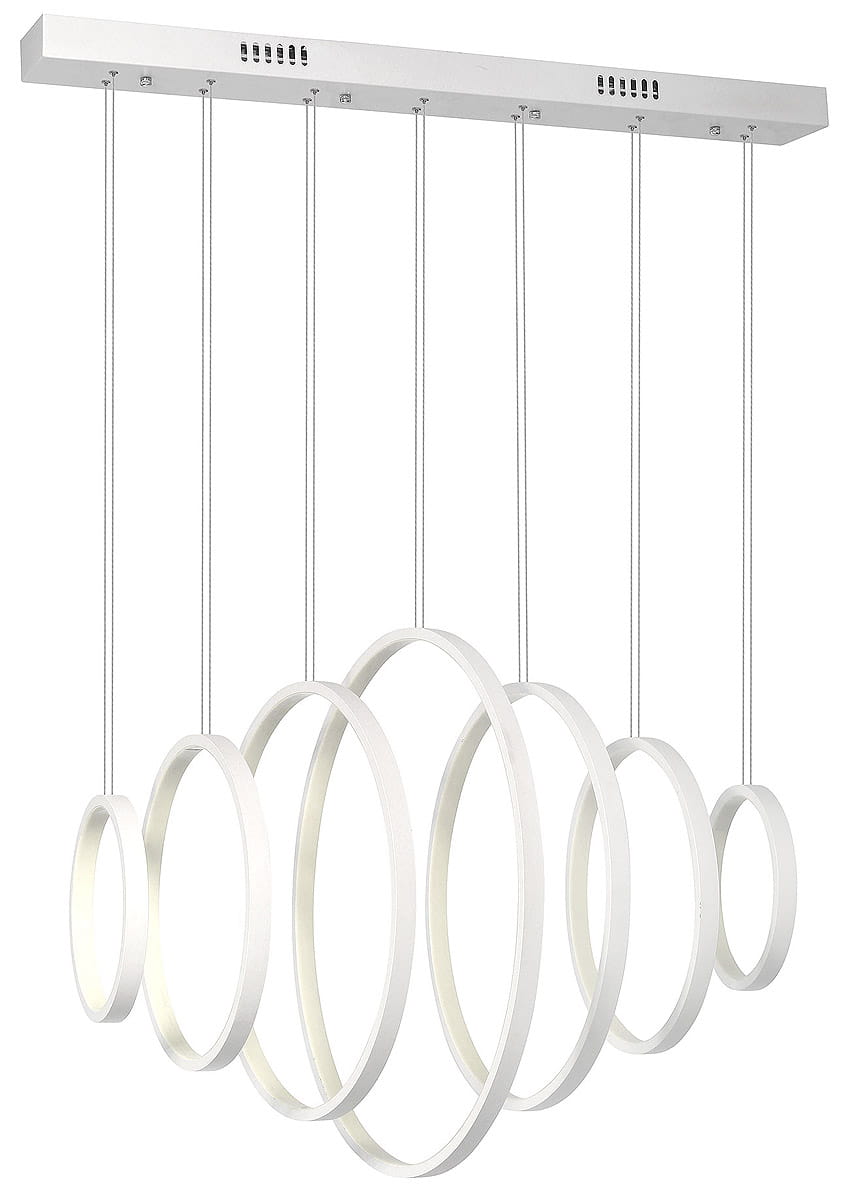 Lampa wisząca Vertigo LED 7-punktowa w kolorze białym, składająca się z siedmiu okręgów o różnych średnicach, zawieszona na cienkich linkach. Produkt z zamontowanym prostokątnym stelażem, idealny do nowoczesnych wnętrz.