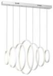 Lampa wisząca Vertigo LED 7-punktowa w kolorze białym, składająca się z siedmiu okręgów o różnych średnicach, zawieszona na cienkich linkach. Produkt z zamontowanym prostokątnym stelażem, idealny do nowoczesnych wnętrz.
