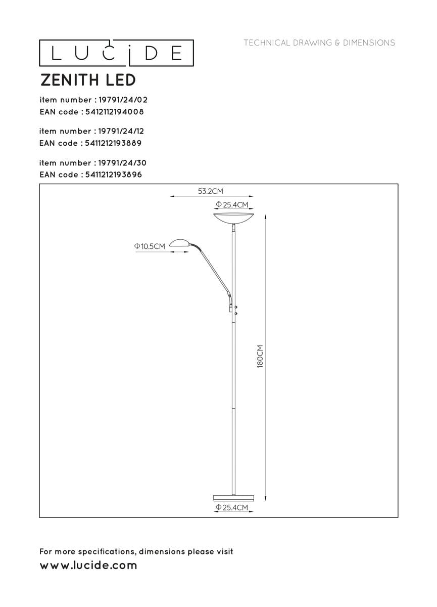 Czarna lampa podłogowa LED Zenith z dwoma punktami świetlnymi, o wysokości 180 cm. Stojąca, z prostym, minimalistycznym designem. Górna lampa okrągła, dolna z regulowanym ramieniem. Wymiary podstawy 25,4 cm, szerokość 53,2 cm.