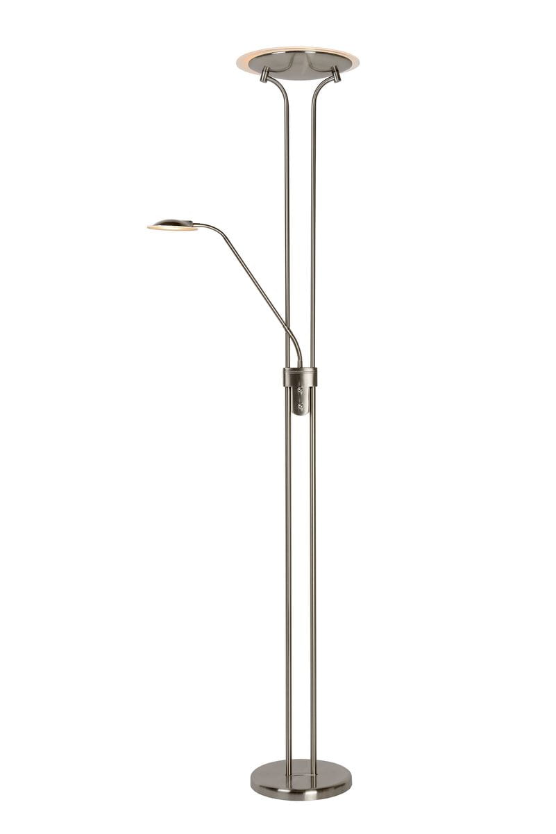 Lampa podłogowa Champion LED 2-punktowa w kolorze satynowego chromu. Posiada dwa źródła światła: główne, okrągłe oraz mniejsze, elastyczne. Stoi na okrągłej podstawie, z dwoma smukłymi ramionami. Prosty, nowoczesny design, idealny do różnych wnętrz.