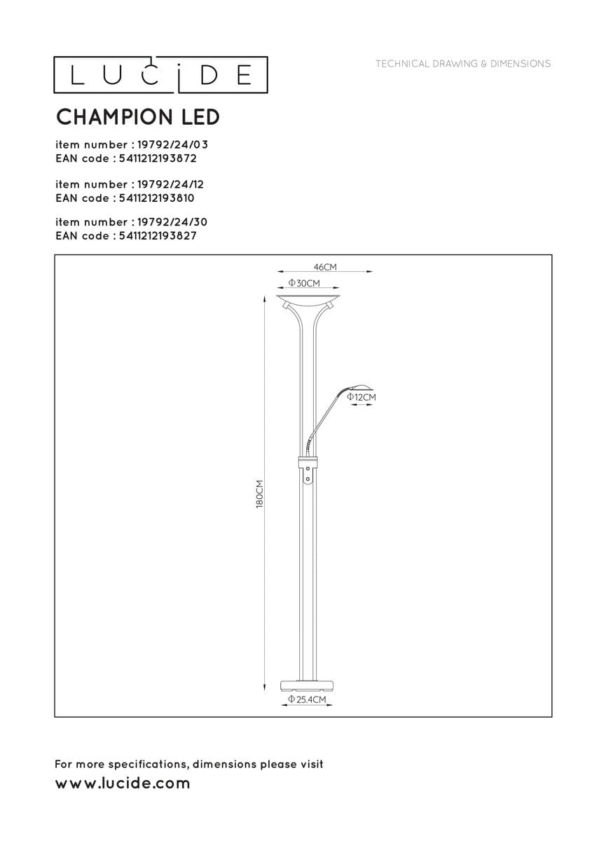 Lampa podłogowa Champion LED w kolorze satynowego chromu, z dwoma punktami świetlnymi. Wysokość 180 cm, średnica podstawy 25,4 cm. Ujęcie frontalne, lampa stojąca z regulowanym ramieniem, umieszczona na prostym tle.