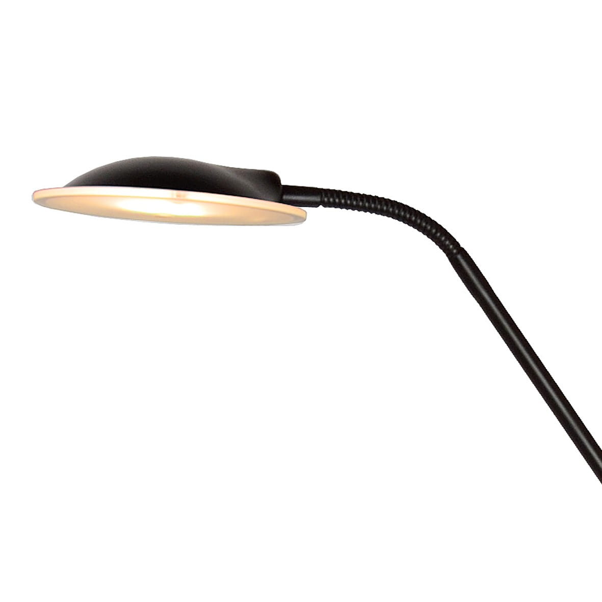 Czarna lampa podłogowa LED Champion z dwoma punktami świetlnymi. Elastyczny ramie umożliwia regulację kąta światła. Okrągła, płaska głowica z matowym kloszem. Prosta, nowoczesna forma, idealna do różnych wnętrz.