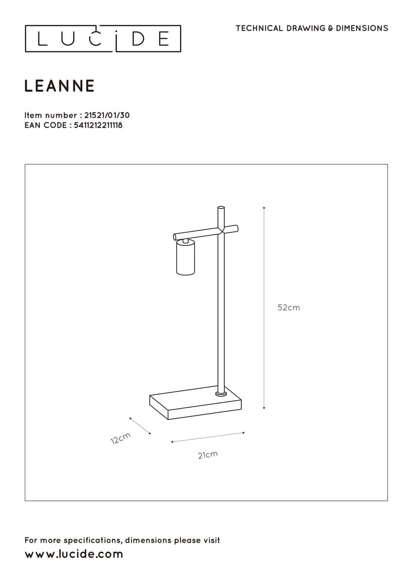 Lampa stołowa Leanne, czarna, 1-punktowa, z prostokątną podstawą o wymiarach 21 cm x 12 cm i wysokości 52 cm. Posiada cylindryczny klosz zawieszony na poziomej rurce, minimalistyczny design, idealna do nowoczesnych wnętrz.