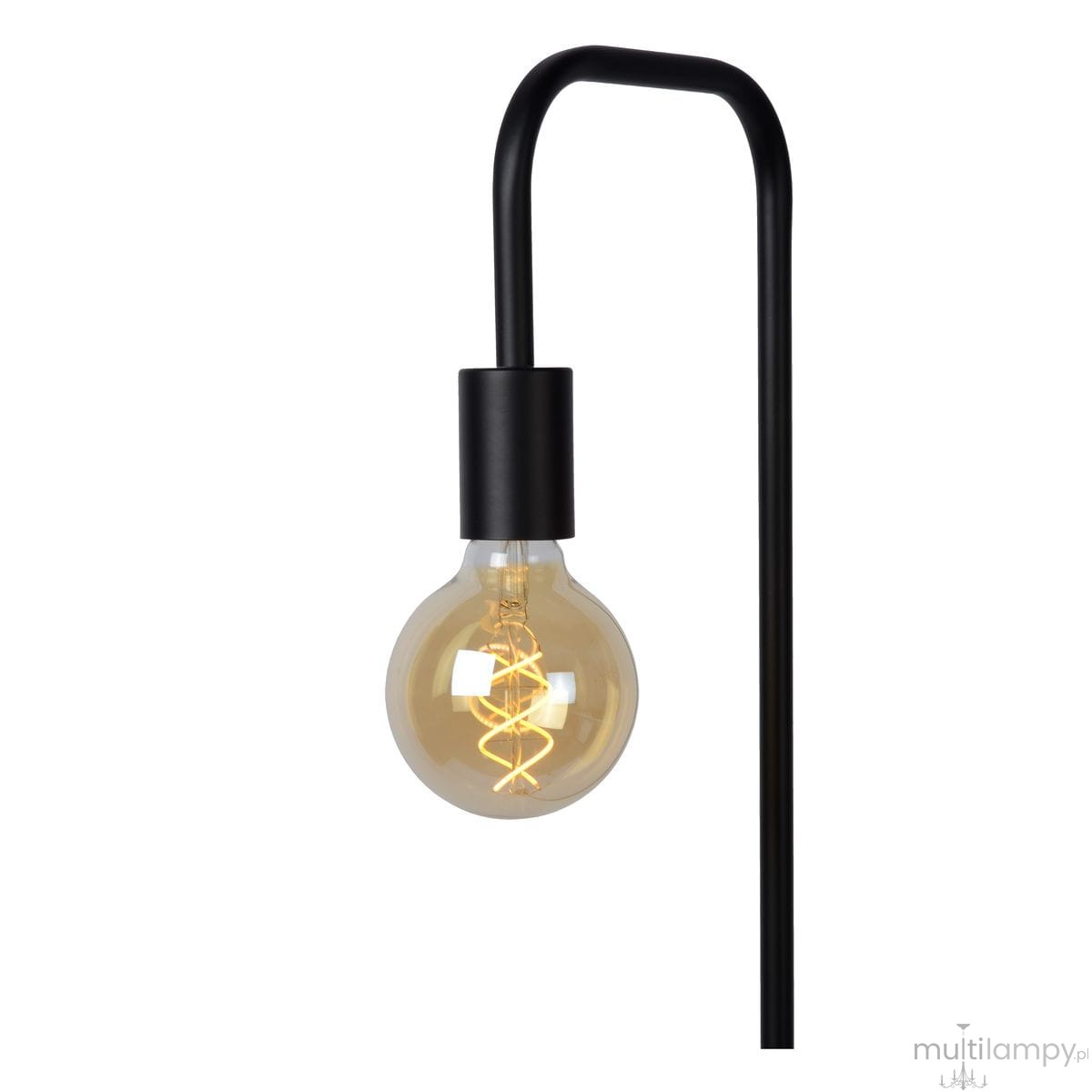 Czarna lampa podłogowa Lorin 1-punktowa z metalowym stelażem i okrągłą żarówką. Żarówka o widocznej spiralnej żarówce, zawieszona na giętym ramieniu. Minimalistyczny design, idealna do nowoczesnych wnętrz.
