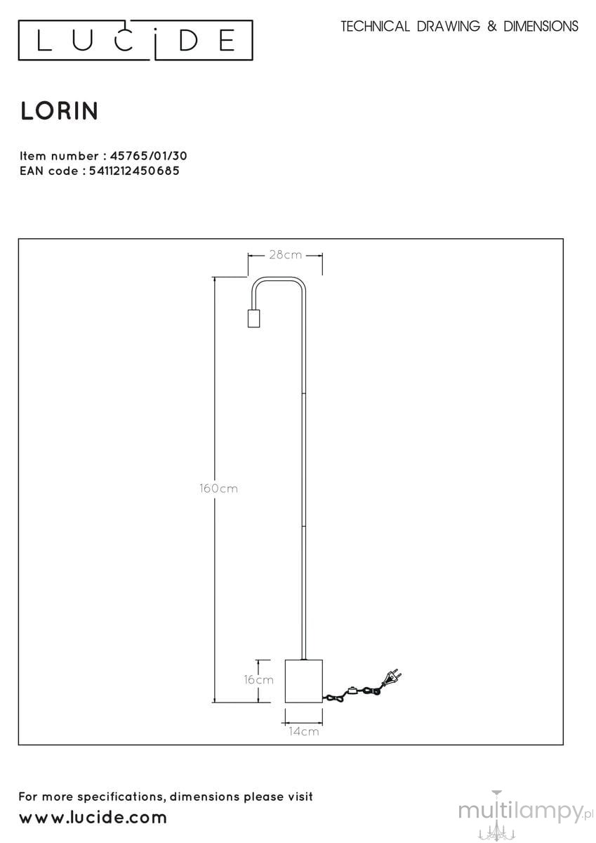 Czarna lampa podłogowa Lorin 1-punktowa, o wysokości 160 cm i szerokości 28 cm. Posiada prosty, minimalistyczny kształt z kwadratową podstawą (14 cm x 16 cm) oraz włącznik na przewodzie. Idealna do nowoczesnych wnętrz.