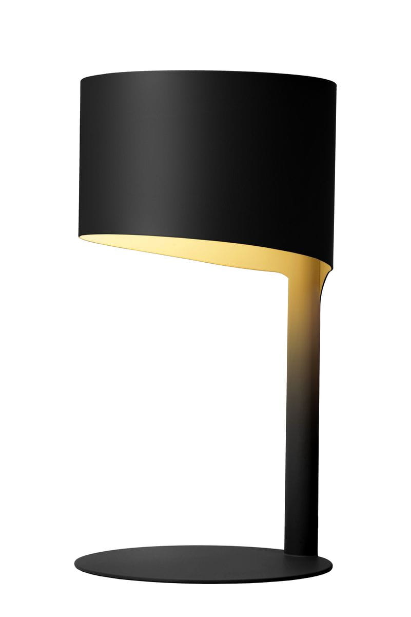 Czarna lampa stołowa Knulle 1-punktowa, z okrągłą podstawą i cylindrycznym kloszem. Klosz ma złote wnętrze, co podkreśla efekt świetlny. Produkt stoi na płaskiej powierzchni, ukazując nowoczesny design i prostą formę.