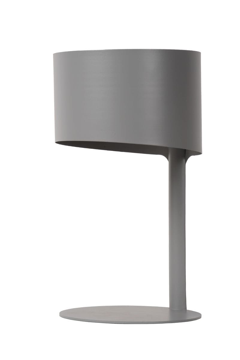 Lampa stołowa Knulle 1-punktowa w kolorze szarym. Posiada cylindryczny klosz i stabilną okrągłą podstawę. Ujęcie frontalne, produkt stoi na płaskiej powierzchni, podkreślając minimalistyczny design.
