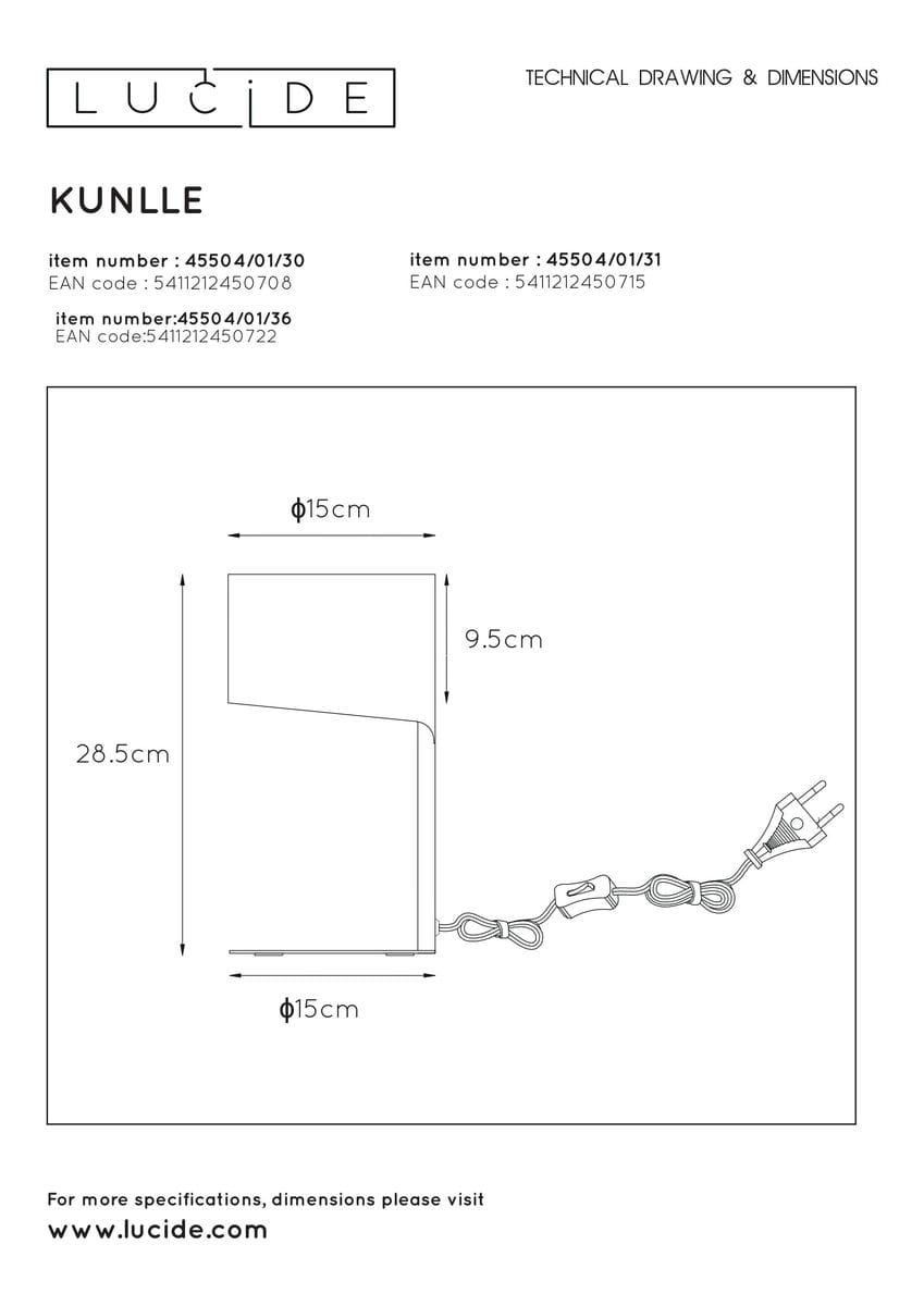 Szara lampa stołowa Knulle o wymiarach 28,5 cm wysokości i 15 cm średnicy. Z prostokątną podstawą, z widocznym przewodem z wtyczką. Kąt ujęcia z boku, ukazujący minimalistyczny design oraz kształt lampy.