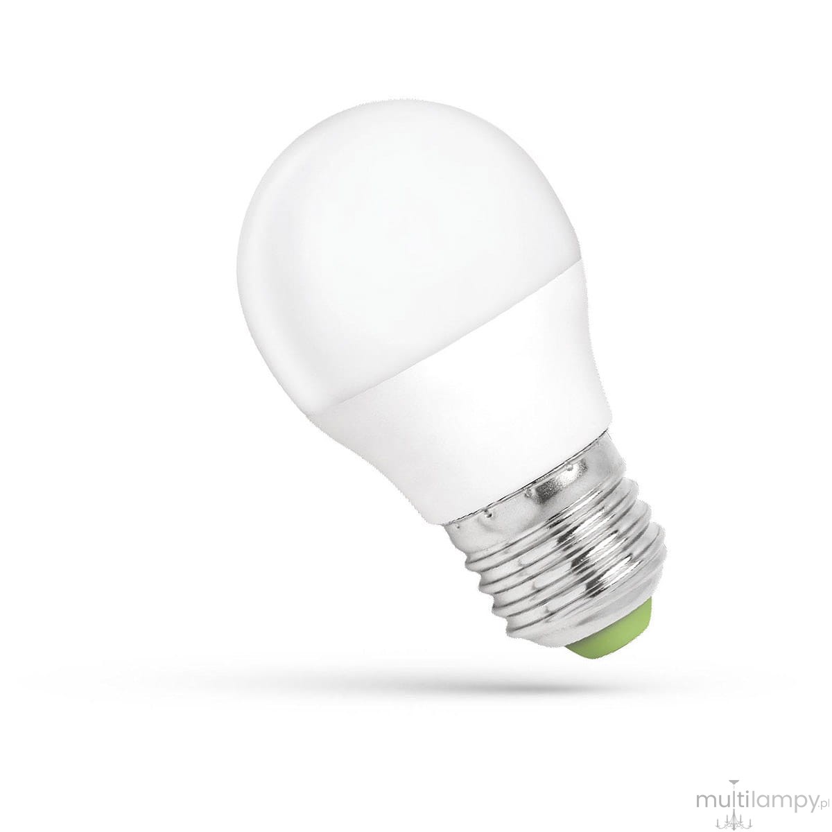 Żarówka LED E27 o mocy 6W, z neutralną białą kulką, wykonana z białego tworzywa, z metalowym gwintem u podstawy. Widoczna jest lekko zaokrąglona forma, z zielonym oznaczeniem na końcu gwintu. Produkt na białym tle.