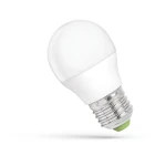 Żarówka LED E27 o mocy 6W, z neutralną białą kulką, wykonana z białego tworzywa, z metalowym gwintem u podstawy. Widoczna jest lekko zaokrąglona forma, z zielonym oznaczeniem na końcu gwintu. Produkt na białym tle.
