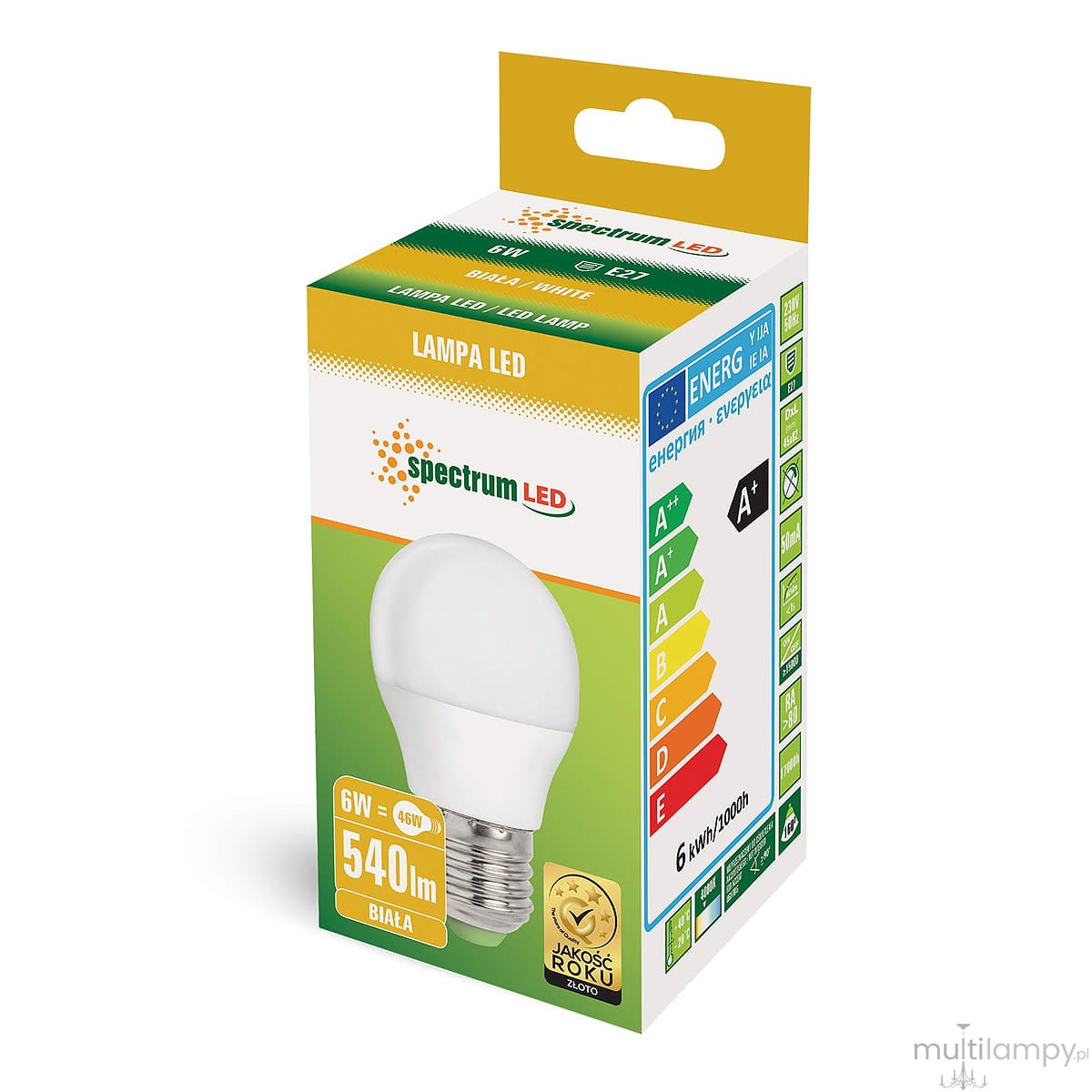 Żarówka LED E27 o mocy 6W, neutralna biała (4000K), w opakowaniu. Kształt kulisty, matowa powierzchnia. Widoczne logo spectrum LED oraz informacje o jasności 540 lm i energooszczędności (klasa A+). Opakowanie z uchwytem do zawieszenia.