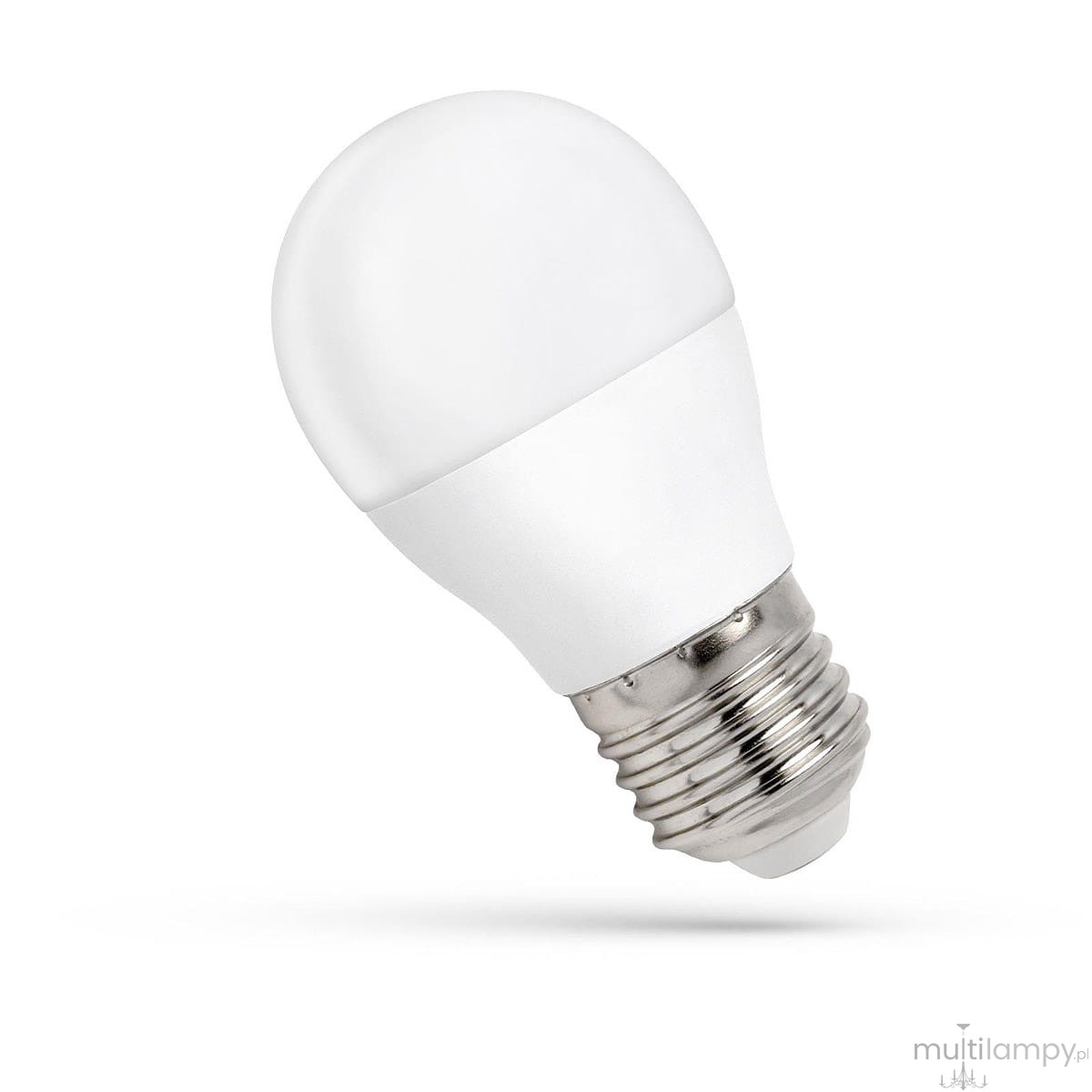 Żarówka LED E27 o mocy 8W, w neutralnej białej barwie 4000K. Kulisty kształt z matowym, białym wykończeniem i metalowym gwintem. Ujęcie z boku, pokazujące szczegóły mocowania.