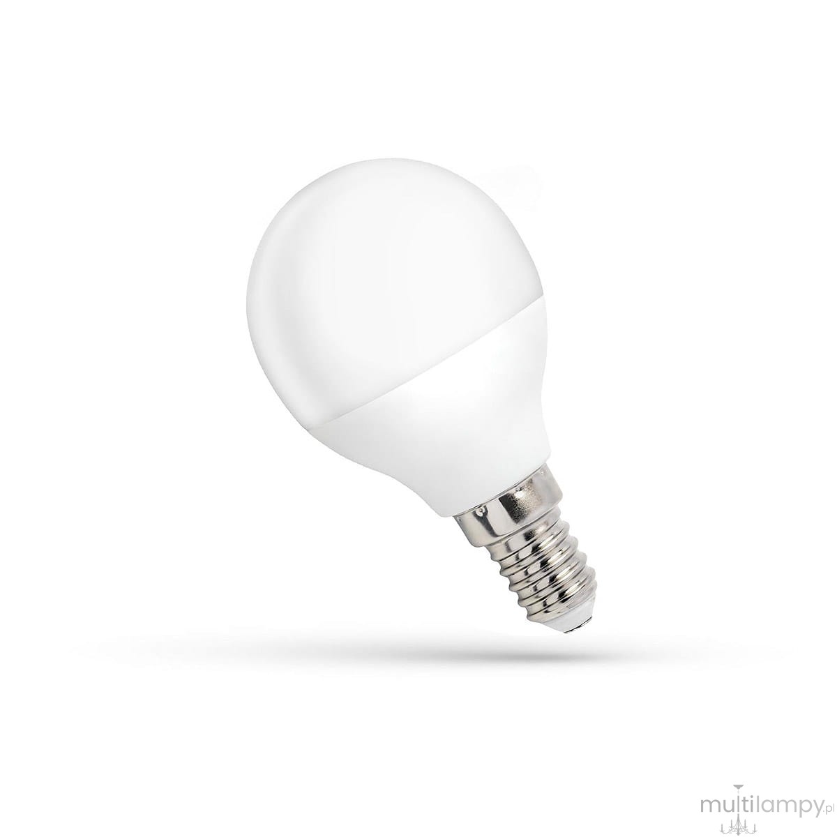 Żarówka LED E14 w kształcie kulki, moc 6W, kolor neutralna biała (4000K). Biała, matowa obudowa z metalowym gwintem. Ujęcie z boku, produkt leżący, widoczny detal gwintu.