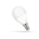 Żarówka LED w kształcie kulki E14, o mocy 8W i barwie neutralnej białej (4000K). Wykonana z matowego plastiku, z metalowym gwintem. Ujęcie z boku, prezentujące gładką powierzchnię i opływowy kształt.