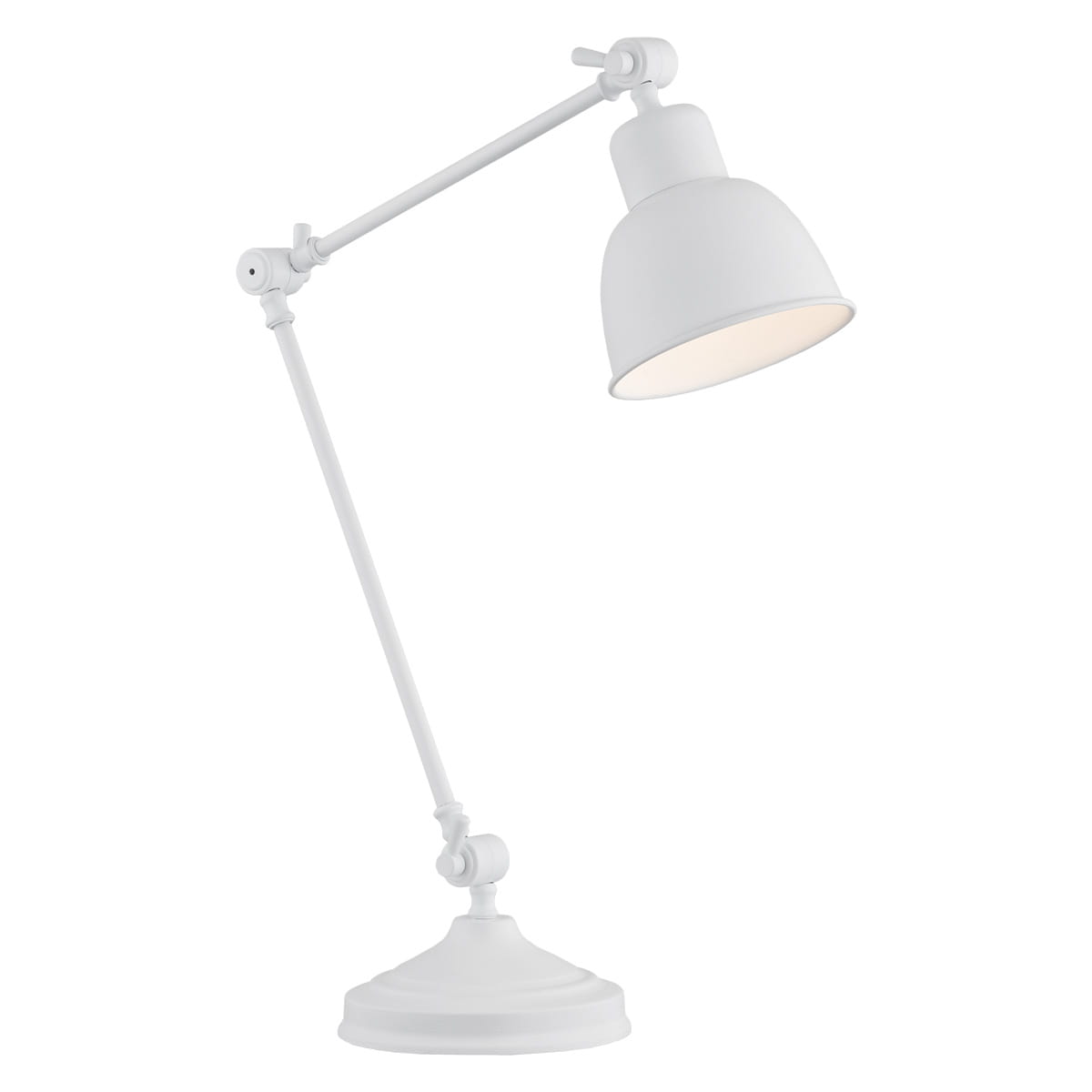 Lampka biurkowa Eufrat w kolorze białym, z regulowanym ramieniem i okrągłą podstawą. Klosz w kształcie stożka, emitujący ciepłe światło. Produkt ustawiony w pozycji stojącej, z widocznym mechanizmem regulacji kąta.