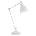 Lampka biurkowa Eufrat w kolorze białym, z regulowanym ramieniem i okrągłą podstawą. Klosz w kształcie stożka, emitujący ciepłe światło. Produkt ustawiony w pozycji stojącej, z widocznym mechanizmem regulacji kąta.