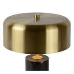 Lampa stołowa Mirasol 3-punktowa w kolorze czarnym z metalowym kloszem w złotym odcieniu. Posiada cylindryczny, czarny podstawę z elementem w kolorze złotym. Ujęcie z góry, ukazujące detale klosza i podstawy.