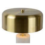 Lampa stołowa Mirasol 3-punktowa w kolorze białym. Okrągła, metalowa, błyszcząca podstawa z marmurowym detalem. Widoczne elementy montażowe, z gładką, minimalistyczną konstrukcją, ustawiona w pozycji stojącej.