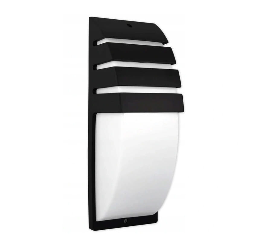 Kinkiet elewacyjny Viki w kolorze czarnym z białą, półokrągłą osłoną. Produkt o nowoczesnym designie z trzema poziomymi żłobieniami na górze. Umożliwia montaż na ścianie, przeznaczony do jednego źródła światła E27.