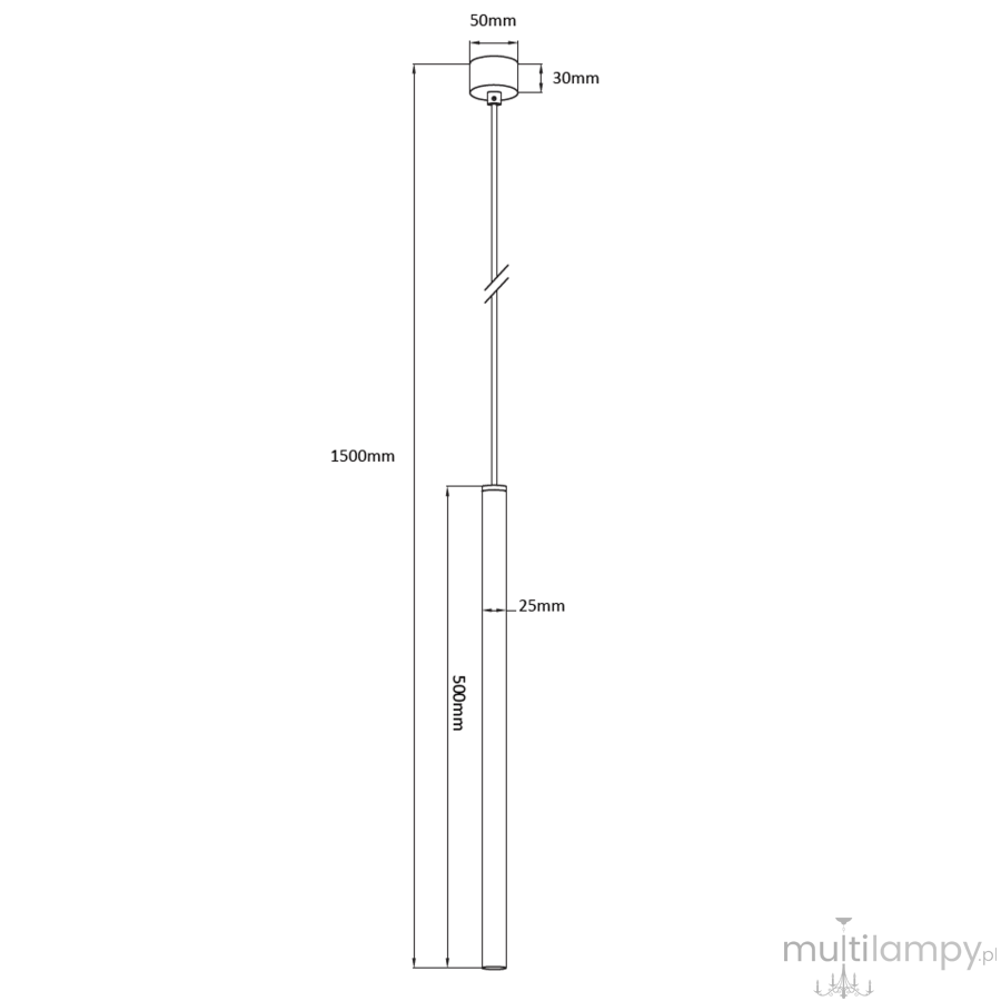 Lungo lampa wisząca 1-punktowa czarna LP-894/1P BK, o prostokątnym kształcie, zawieszona na cienkim kablu. Wymiary: wysokość 1500 mm, długość 500 mm, szerokość 25 mm. Wykończenie matowe, kolor czarny. Montaż sufitowy.