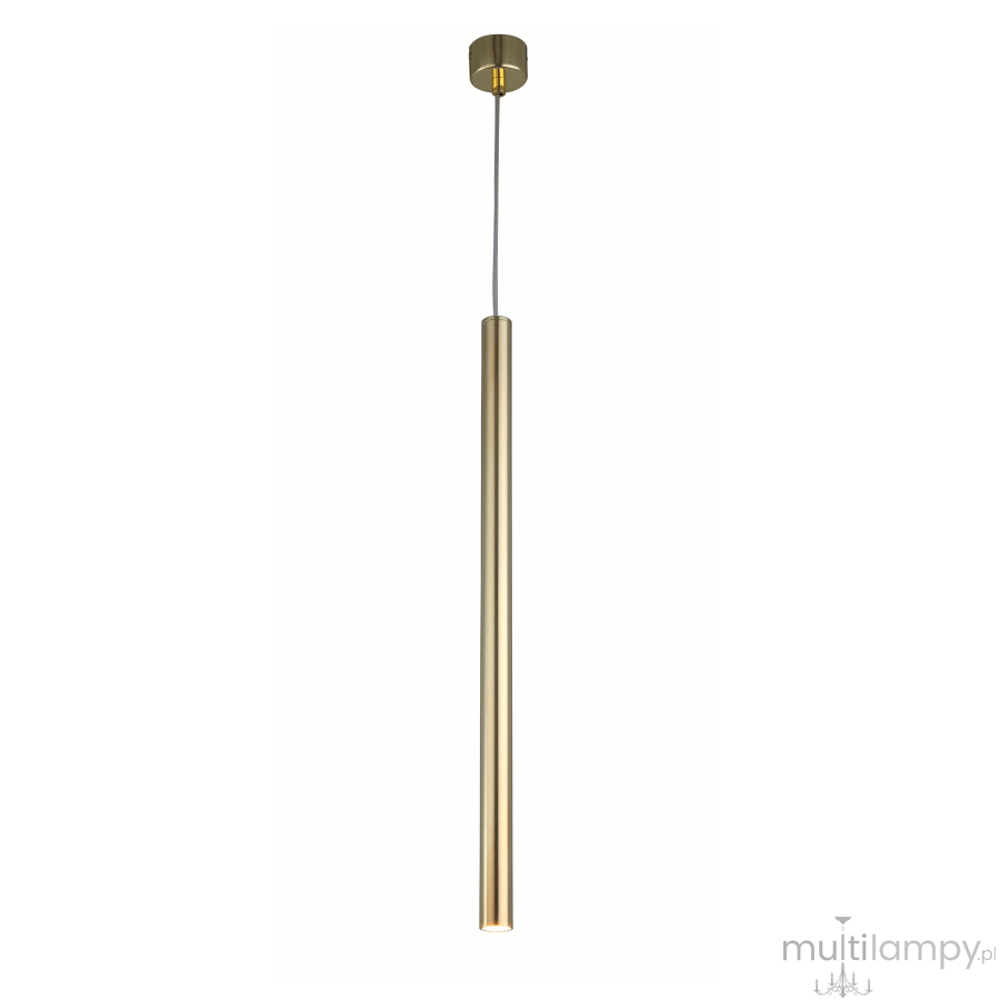 Lungo lampa wisząca 1-punktowa, złota, o smukłej, cylindrycznej formie. Zawieszona na cienkim przewodzie, z metalowym mocowaniem sufitowym. Długość lampy podkreśla nowoczesny design. Tło białe, co uwydatnia kolor i kształt lampy.