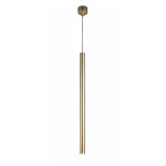 Lungo lampa wisząca 1-punktowa, złota, o smukłej, cylindrycznej formie. Zawieszona na cienkim przewodzie, z metalowym mocowaniem sufitowym. Długość lampy podkreśla nowoczesny design. Tło białe, co uwydatnia kolor i kształt lampy.