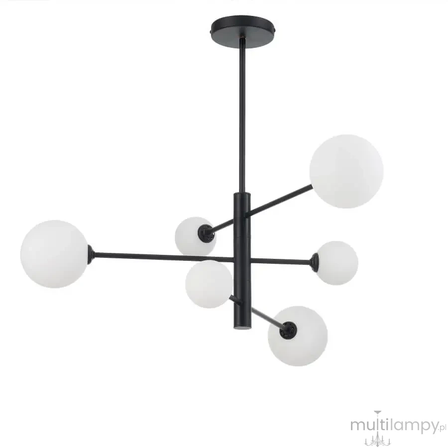Lampa wisząca Dorado w kolorze czarnym z sześcioma białymi kulistymi kloszami. Ułożona w nowoczesnym stylu, z metalowymi ramionami, zawieszona na długim przewodzie. Idealna do aranżacji wnętrz.