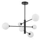Lampa wisząca Dorado w kolorze czarnym z sześcioma białymi kulistymi kloszami. Ułożona w nowoczesnym stylu, z metalowymi ramionami, zawieszona na długim przewodzie. Idealna do aranżacji wnętrz.